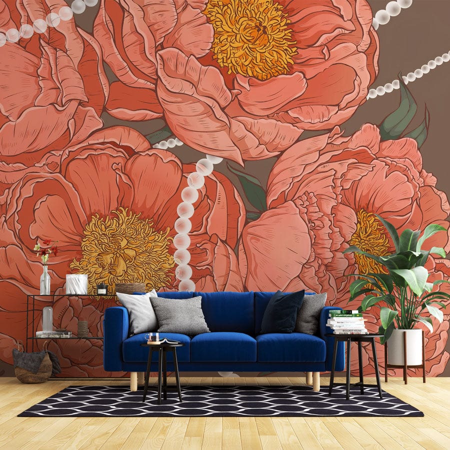 Peinture murale Pétales de Perle avec canapé velours bleu et papier peint mural floral