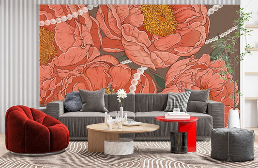Canapé en tissu gris avec trois coussins et deux accoudoirs, idéal pour peinture murale Pétales de Perle