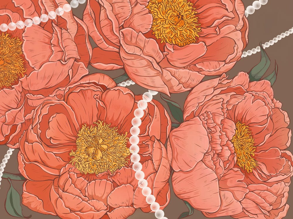 Peinture murale Pétales de Perle avec motifs de pivoines roses et perles pour papier peint mural