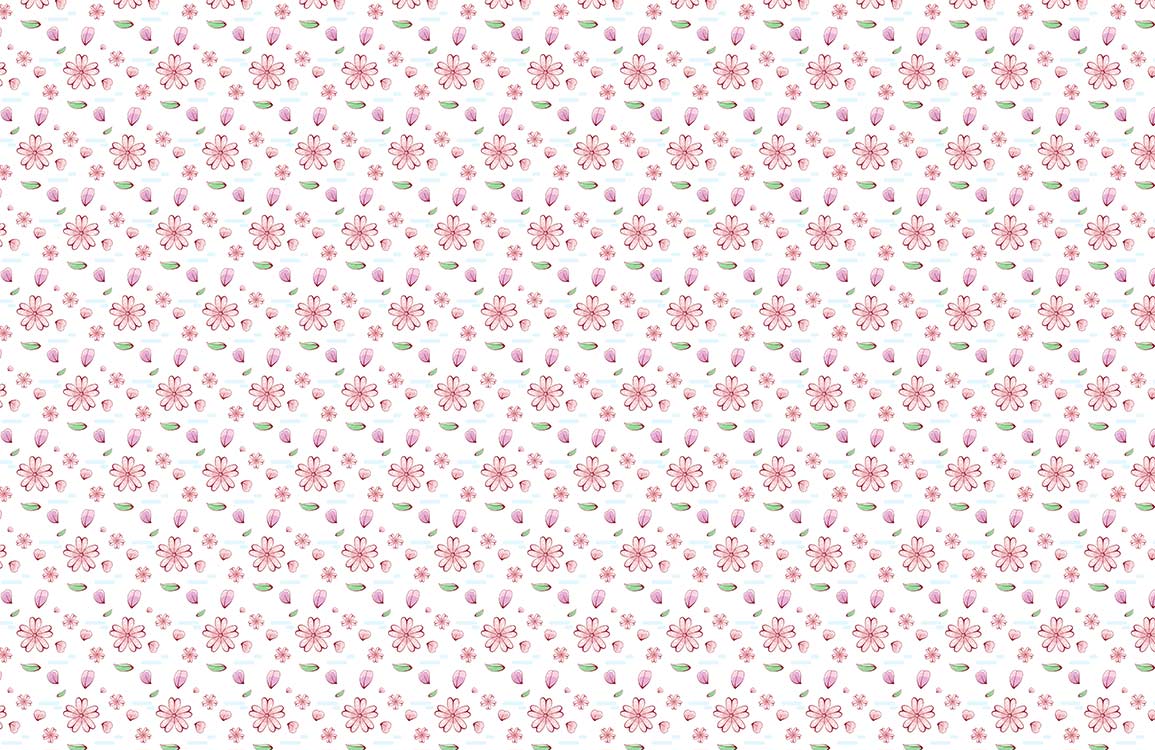 Papier peint mural Pétales floraux avec motif répétitif de fleurs de cerisier roses et feuilles vertes