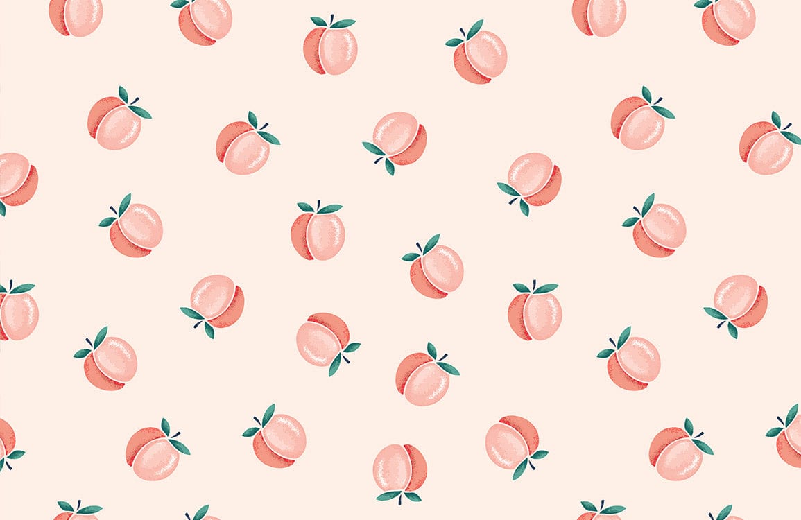 Papier peint mural petite pêche avec motifs de pêches roses et feuilles vertes
