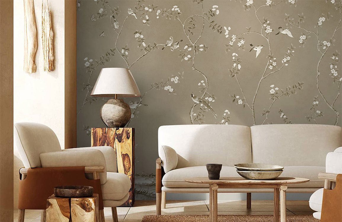 Papier peint mural Petits Bourgeons avec mobilier clair et papier peint mural petits fleurs