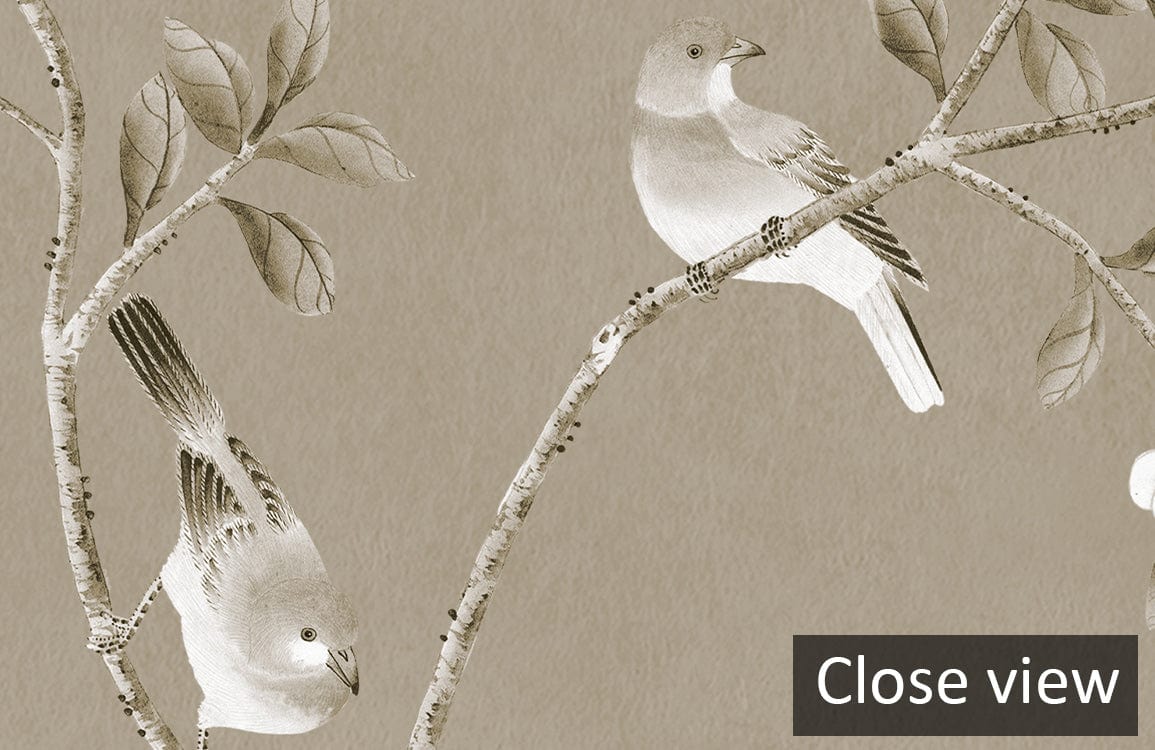 Wallpaper with monochrome bird and branch pattern for Papier Peint Mural Petits Bourgeons