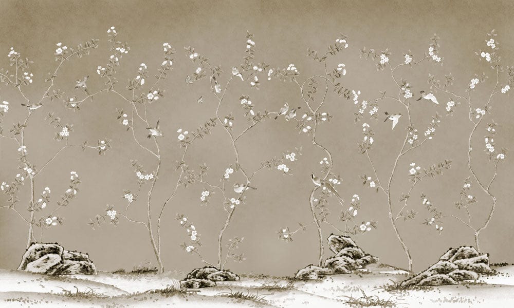 Papier peint mural Petits Bourgeons avec arbres fleuris et oiseaux, mural petits bourgeons