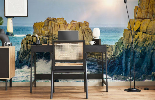 Image d’un bureau en bois noir avec chaise en rotin pour le papier peint mural phare