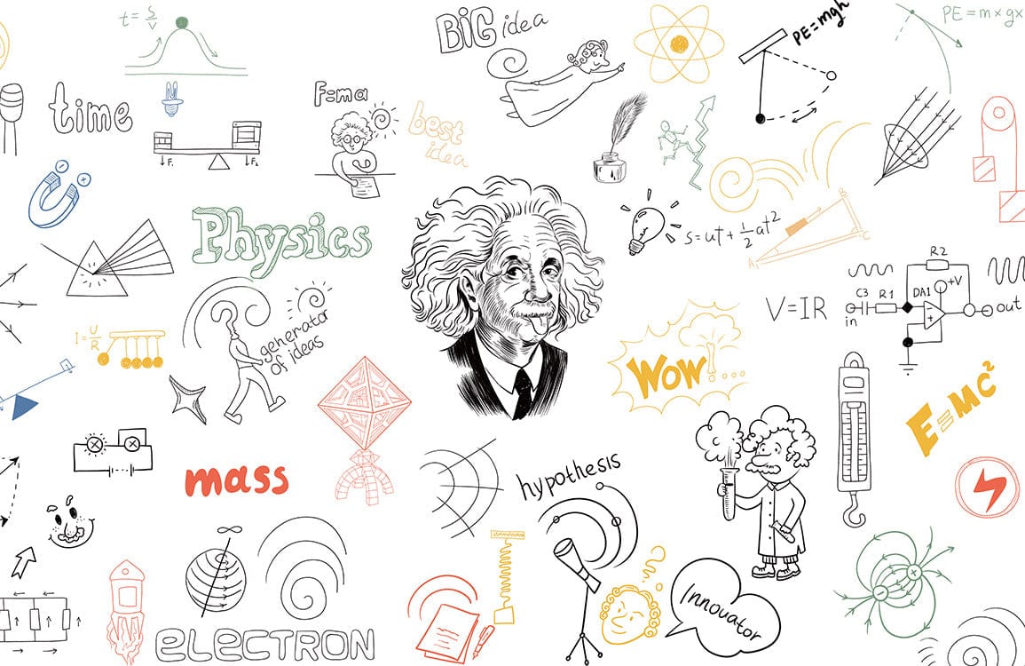 Illustration dessinée à la main dAlbert Einstein avec doodles liés à la physique pour papier peint mural physique