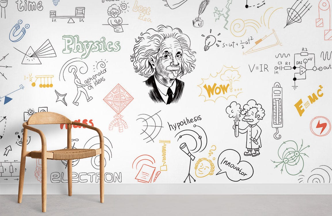 Chaise en bois avec siège tissé sur le papier peint mural Physique dEinstein II