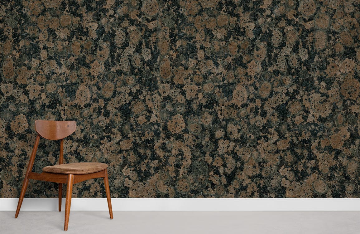 Murale pierre corrodée en granite brun avec chaise en bois, œuvre d’art peint mural Pierre