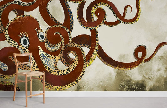 Peinture murale pieuvre géante avec détails dorés et noirs sur Papier Peint Mural Pieuvre Géante III