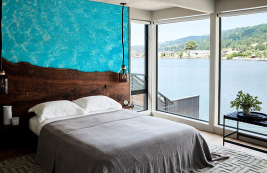 Papier peint mural piscine avec vue sur un lac dans la chambre, design mural piscine bleu clair