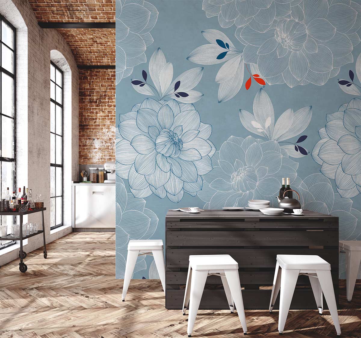 Papier peint mural Pivoine Bleue avec motif floral blanc et bleu clair