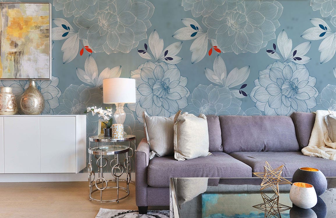 Canapé sectionnel violet moderne avec coussins, idéal pour le papier peint mural Pivoine Bleue