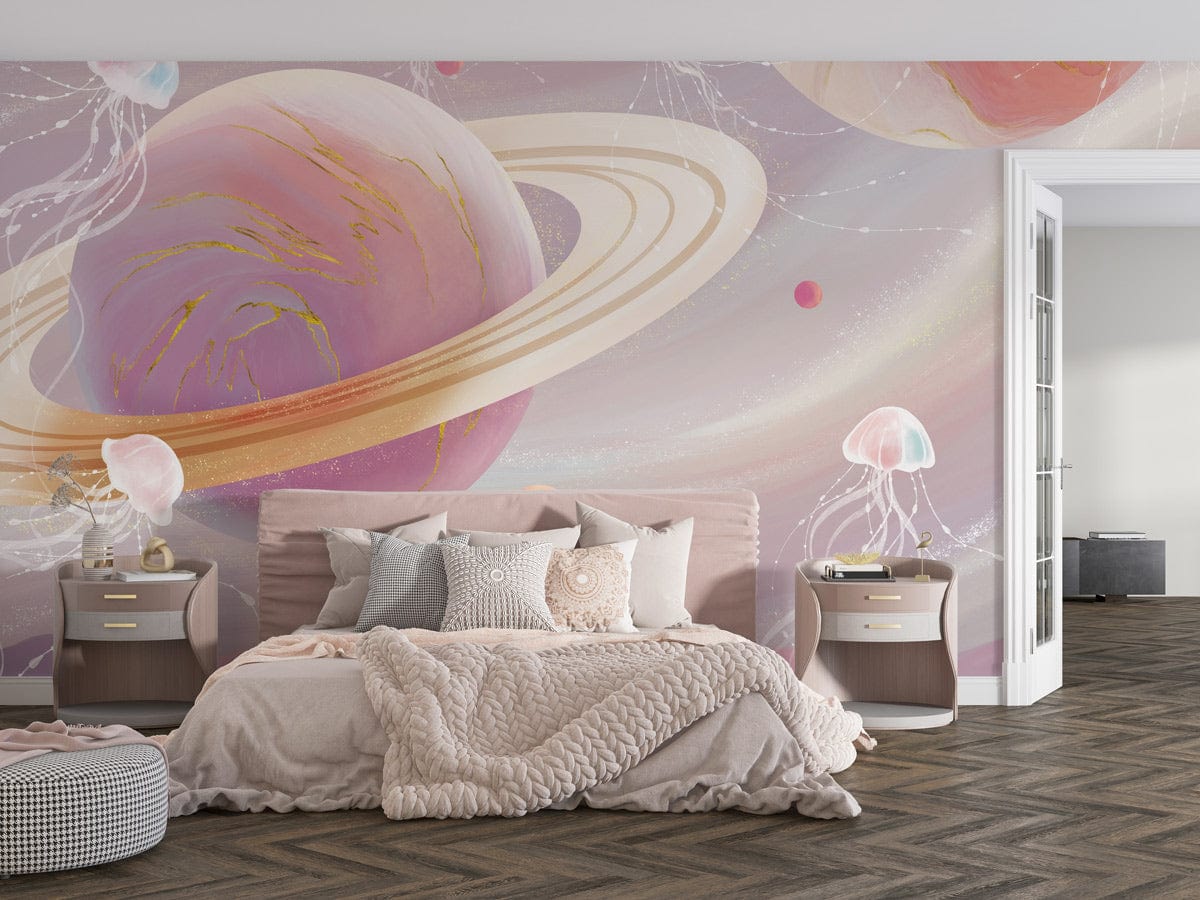 Peinture murale planètes dans un chambre cosy avec papier peint mural planètes et méduses