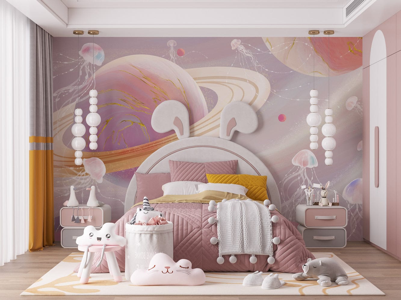 Peinture murale planètes dans une chambre d’enfant avec lit lapin et papier peint mural planètes
