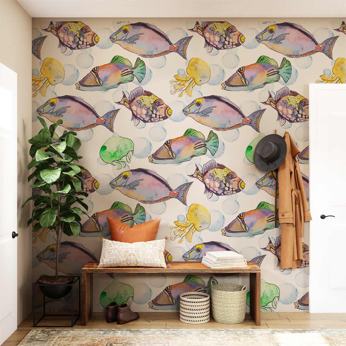 Papier peint mural poisson à l’aquarelle - Le meilleur Papier peint panoramique Sur mesure