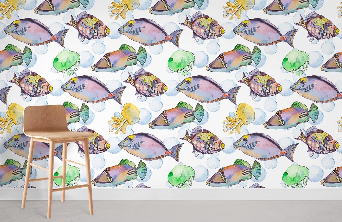 Papier peint mural poisson à l’aquarelle - Le meilleur Papier peint panoramique Sur mesure