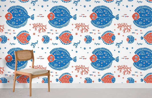 Papier Peint Mural Poissons Bleus et Rouges - Le meilleur Papier peint panoramique Sur mesure