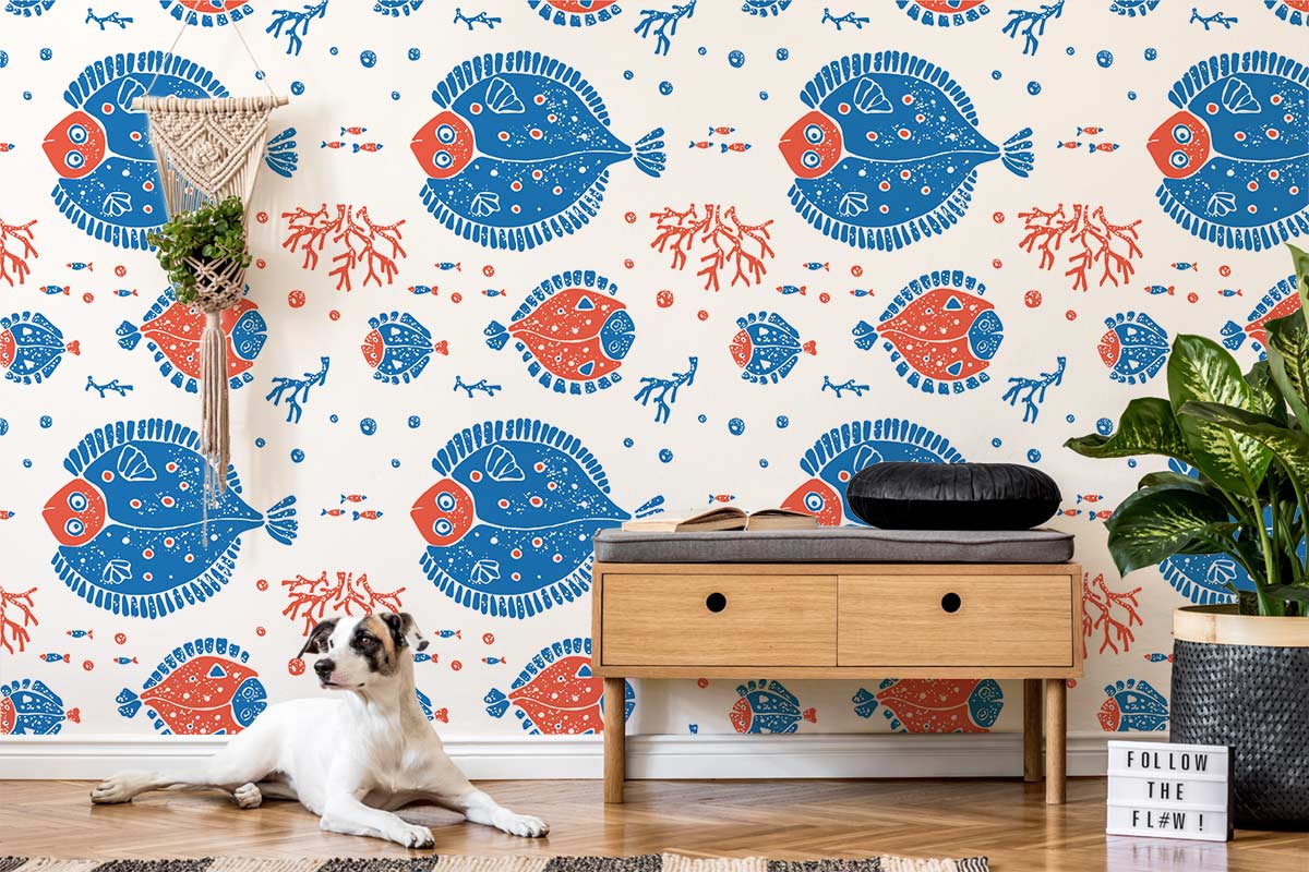 Papier Peint Mural Poissons Bleus et Rouges - Le meilleur Papier peint panoramique Sur mesure