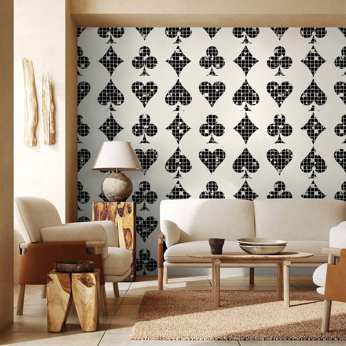 Papier peint mural Poker en grille avec motif distressed noir et blanc, murale poker élégante