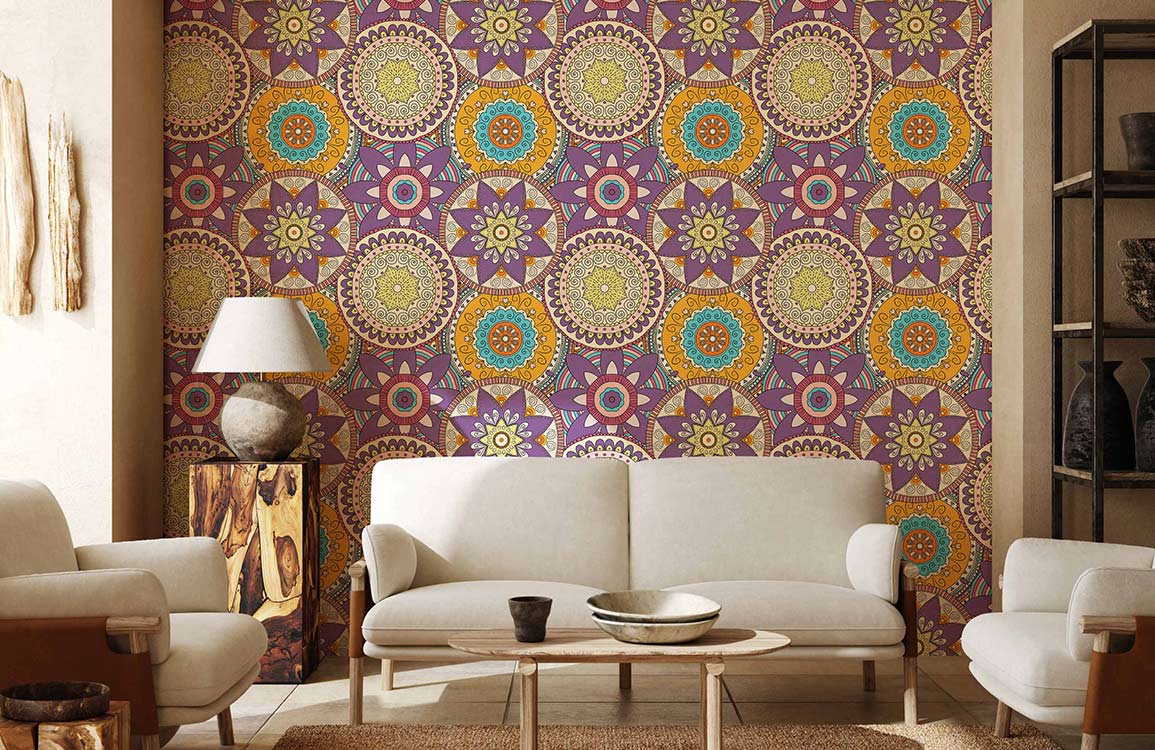 Papier peint mural avec motif mandala violet vibrant pour mur polygone cercle