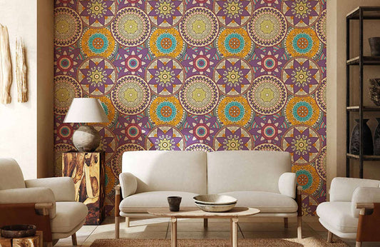 Papier peint mural avec motif mandala violet vibrant pour mur polygone cercle