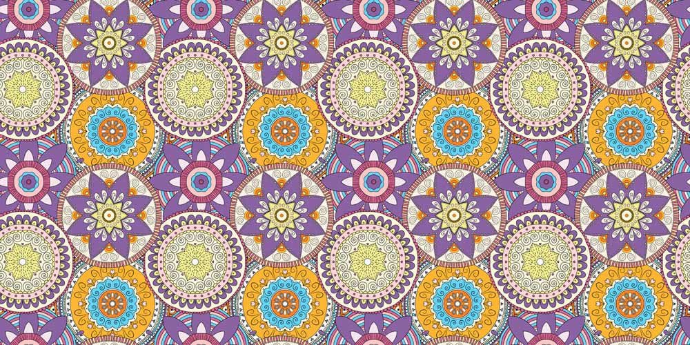 Papier peint mural avec motif de mandalas colorés sur tissu violet, mural polygone