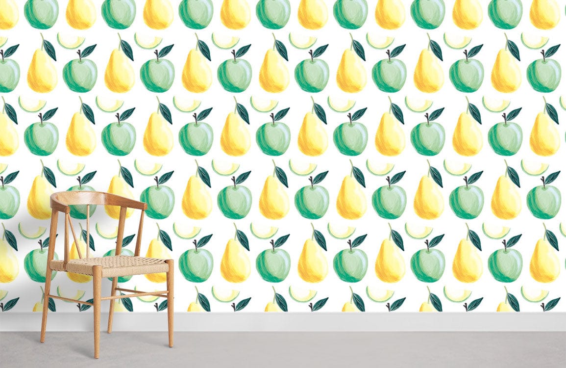 Chaise en bois avec siège tissé, parfait pour le papier peint mural Pommes et Poires