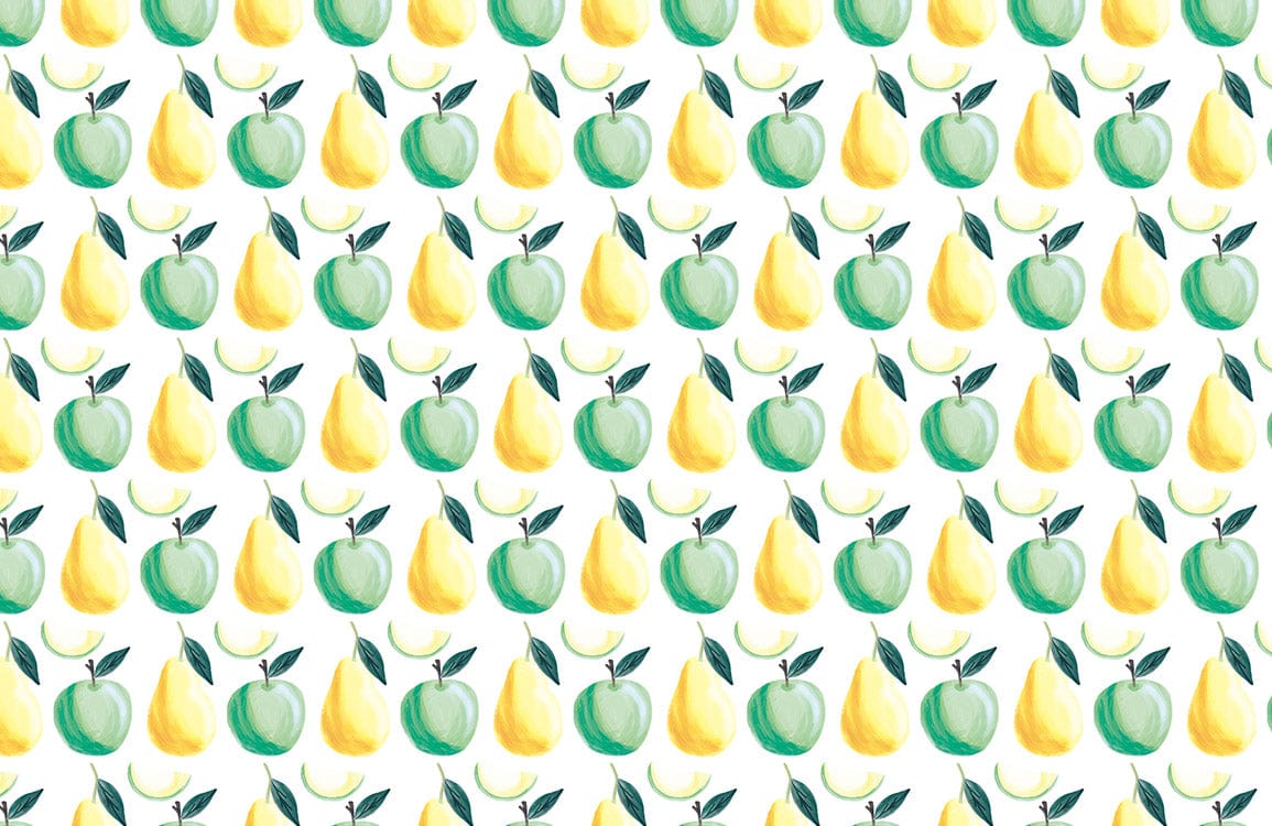 Motif répétitif de pommes vertes et poires jaunes sur papier peint mural pommes
