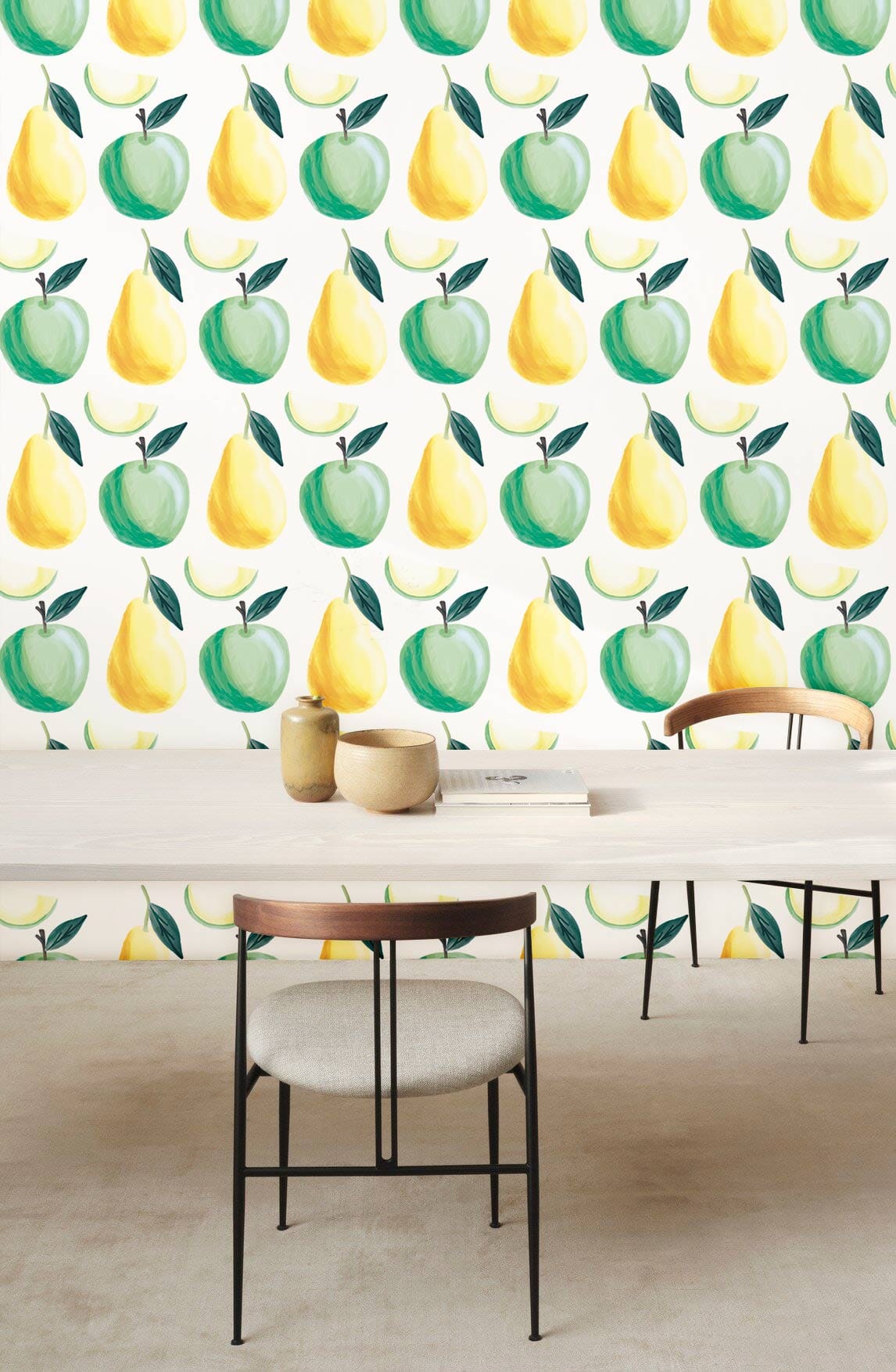 Papier peint mural pommes et poires avec motif vert et jaune pour décoration intérieure
