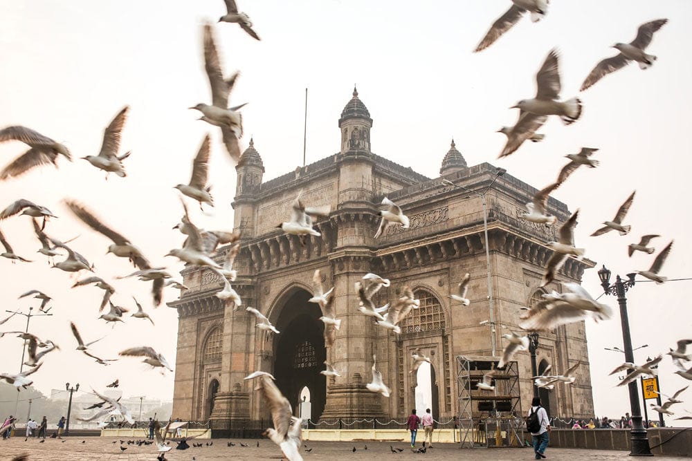 Peint mural porte de l’Inde avec arche historique et mouettes volantes