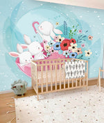 Papier peint mural Lapins blancs et parapluie rose au cœur des fleurs - Vignette | Mr Papier Peint