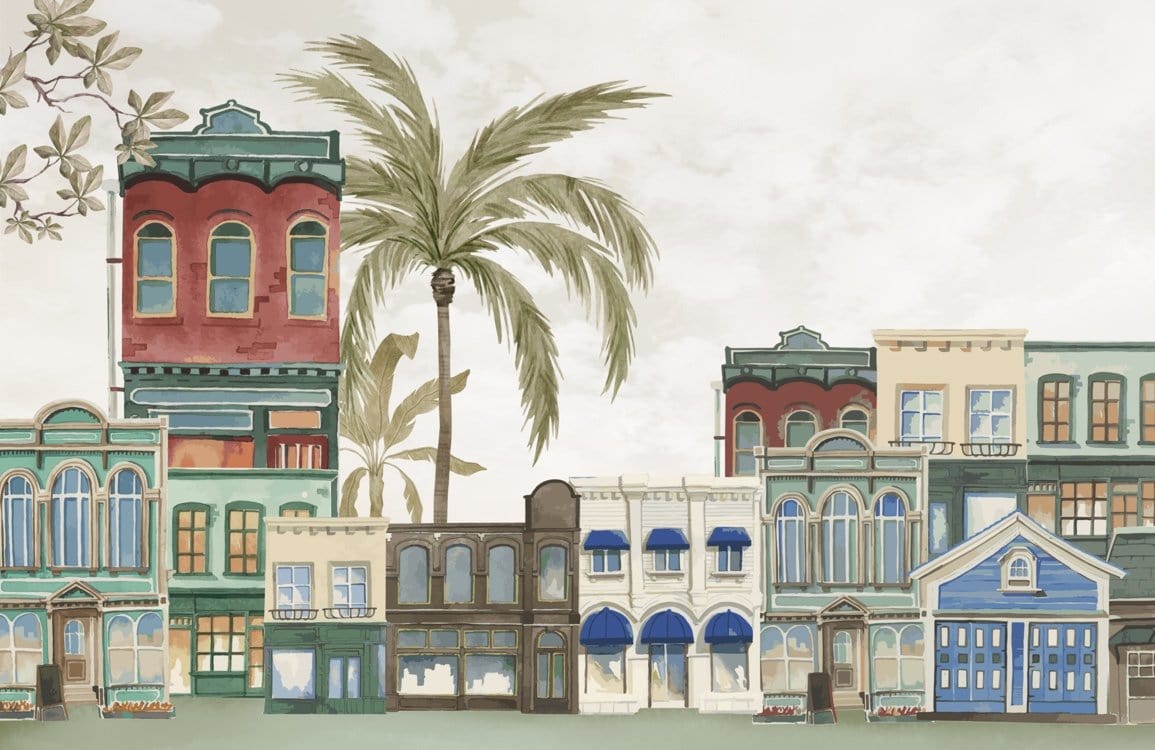 Illustration aquarelle de rue animée avec palmier pour papier peint mural portrait de maison