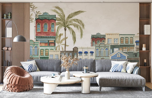 Salon cosy avec canapé d’angle et fauteuil ludique, parfait pour un papier peint mural portrait