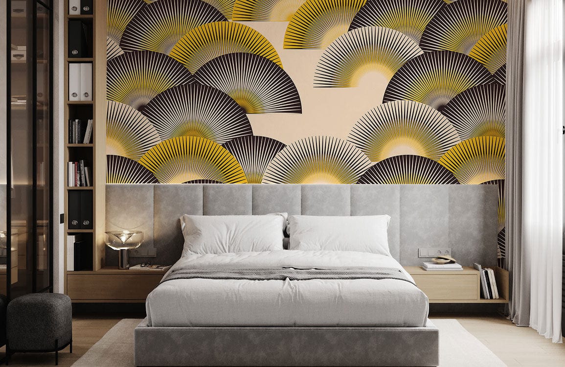 Papier peint mural pour fans noir jaune dans une chambre moderne avec lit gris et bois