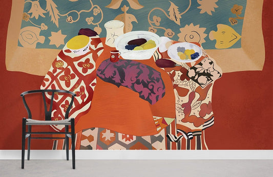 Chaise en bois noir avec siège tissé, idéale pour un papier peint mural élégant