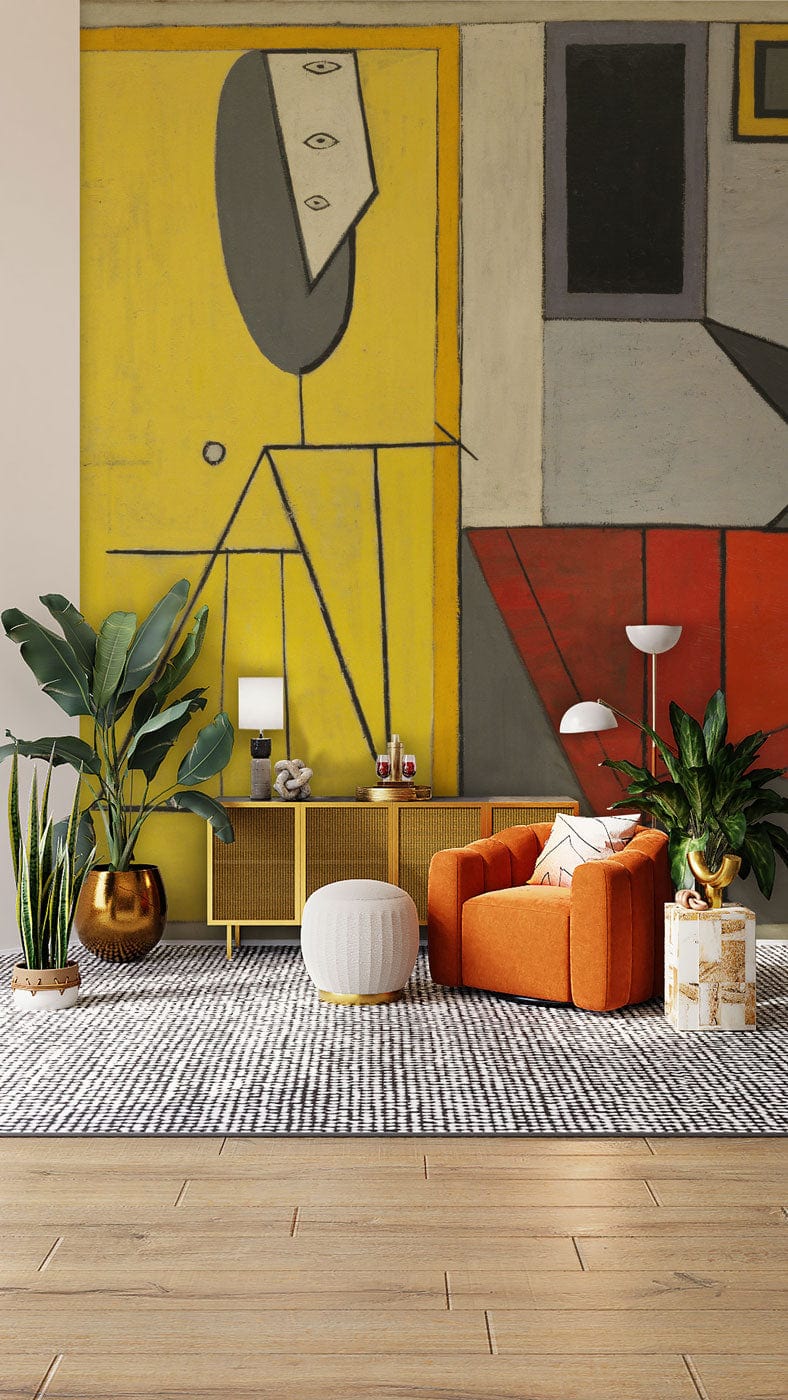 Vibrant living room with abstract art featuring papier peint mural pour studio