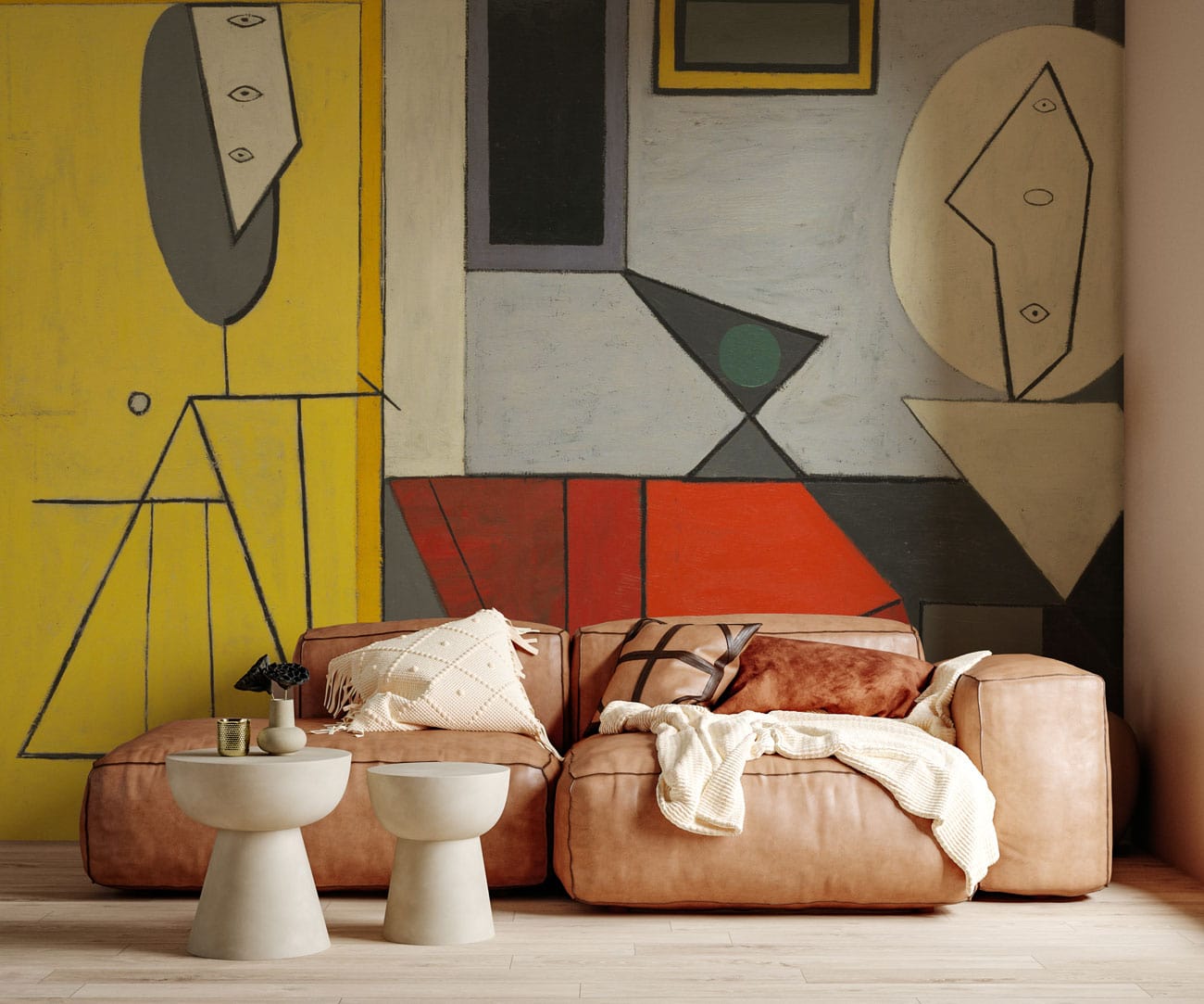 Photo d’un canapé modulable en cuir camel avec coussins, idéal pour un papier peint mural