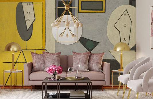 Canapé rose trois places avec coussins, idéal pour un papier peint mural studio