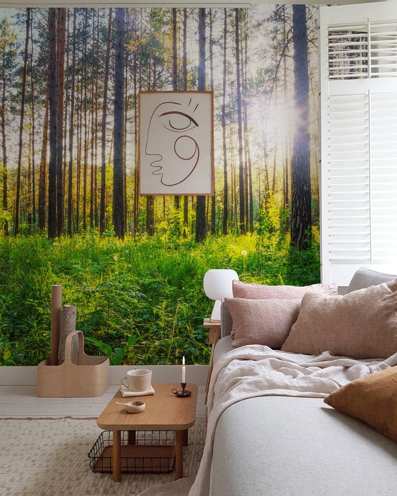 Papier peint panoramique forêt ordonnée pour une décoration personnalisée dans une chambre cozy