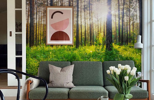 Papier peint panoramique forêt ordonnée pour décoration personnalisée avec canapé vert en tissu