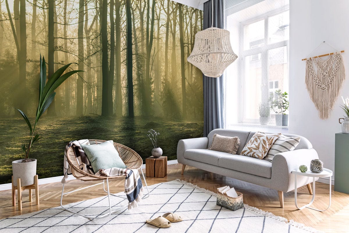 Papier peint mural poussière de forêt dans un salon cosy avec murale nature