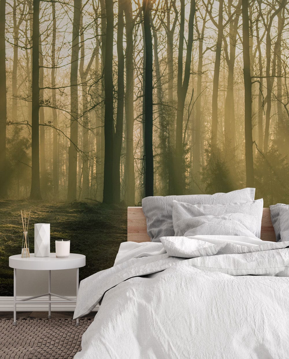 Papier peint mural poussière de forêt avec lit blanc dans une chambre moderne