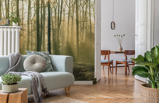 Photo d’un canapé deux places bleu clair avec papier peint mural poussière de Forêt
