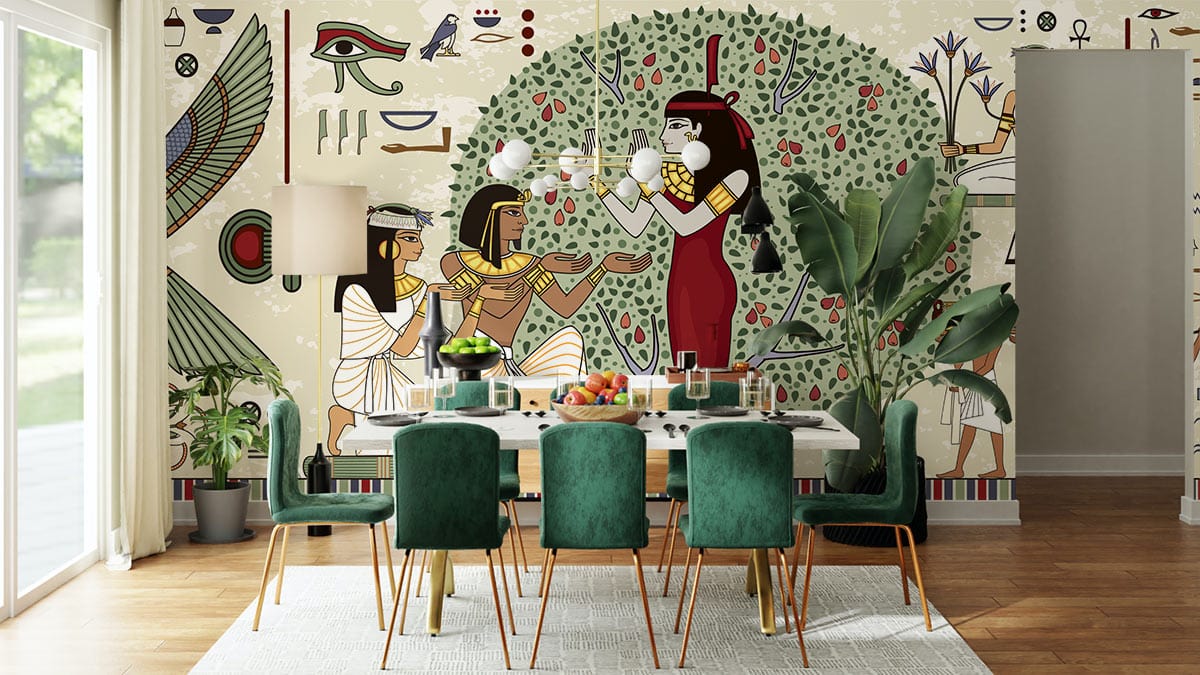 Papier peint mural princesse égyptienne dans salle à manger avec chaises en velours vert