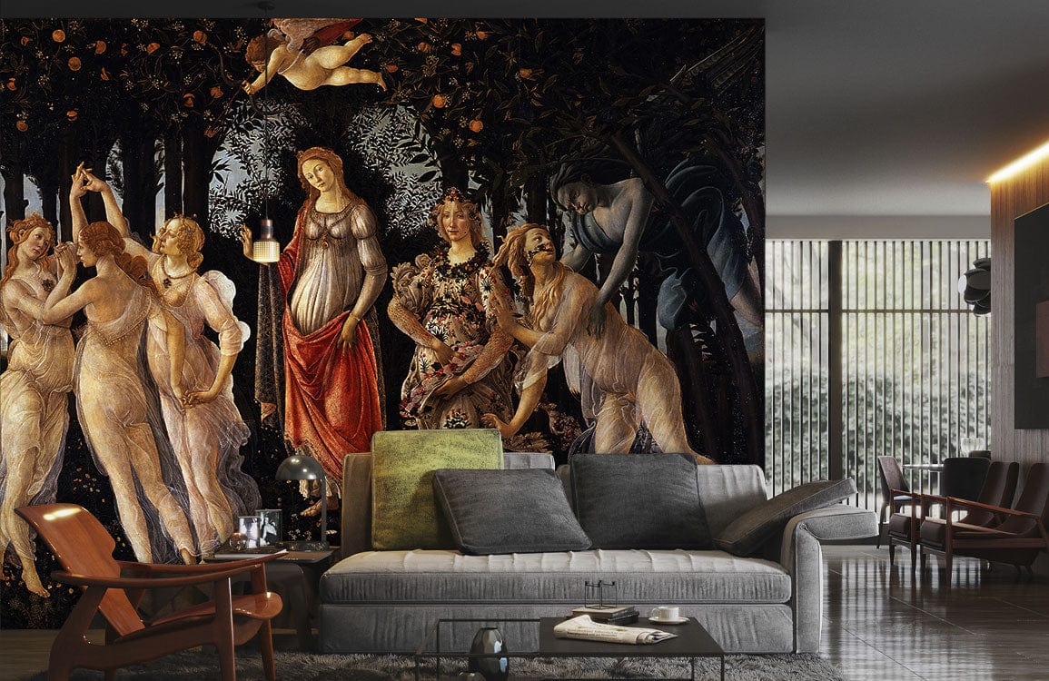 Salon avec mural printanier Botticelli Primavera, papier peint mural artistique