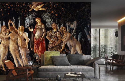 Salon avec mural printanier Botticelli Primavera, papier peint mural artistique