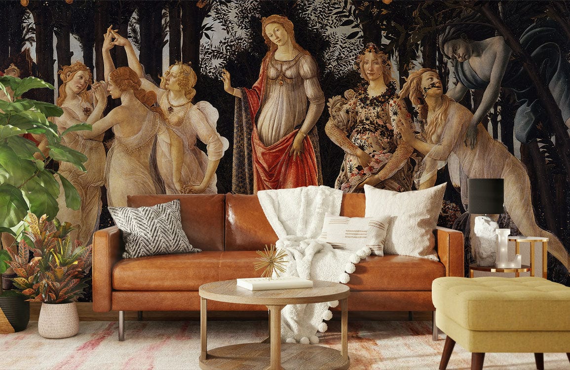 Sofa en cuir marron avec pieds métalliques sur un papier peint mural printanier