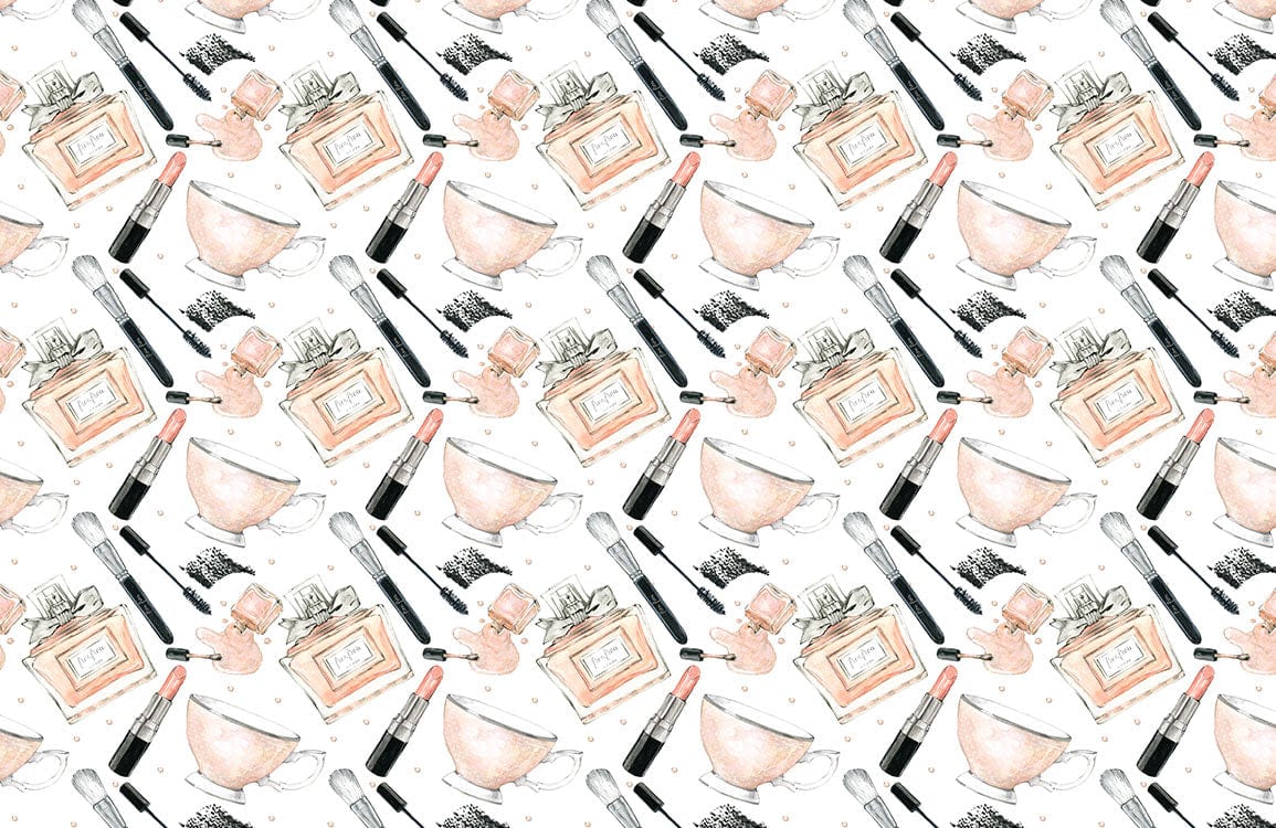 Alt texte pour le papier peint panoramique de motifs beauté et cosmétiques en aquarelle
