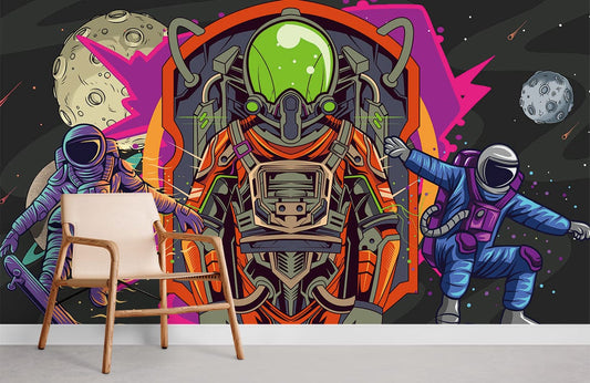 Chaise moderne en bois avec siège en cuir pour peinture murale protection mural protection astronaute