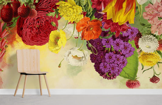 Vibrant floral wallpaper mural puzzle avec chaise en bois pour décoration intérieure